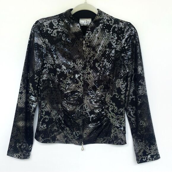 Joseph Ribkoff Women's Size 6 Black Metallic Sequin Zip Jacket Stretchy - Picture 1 of 9